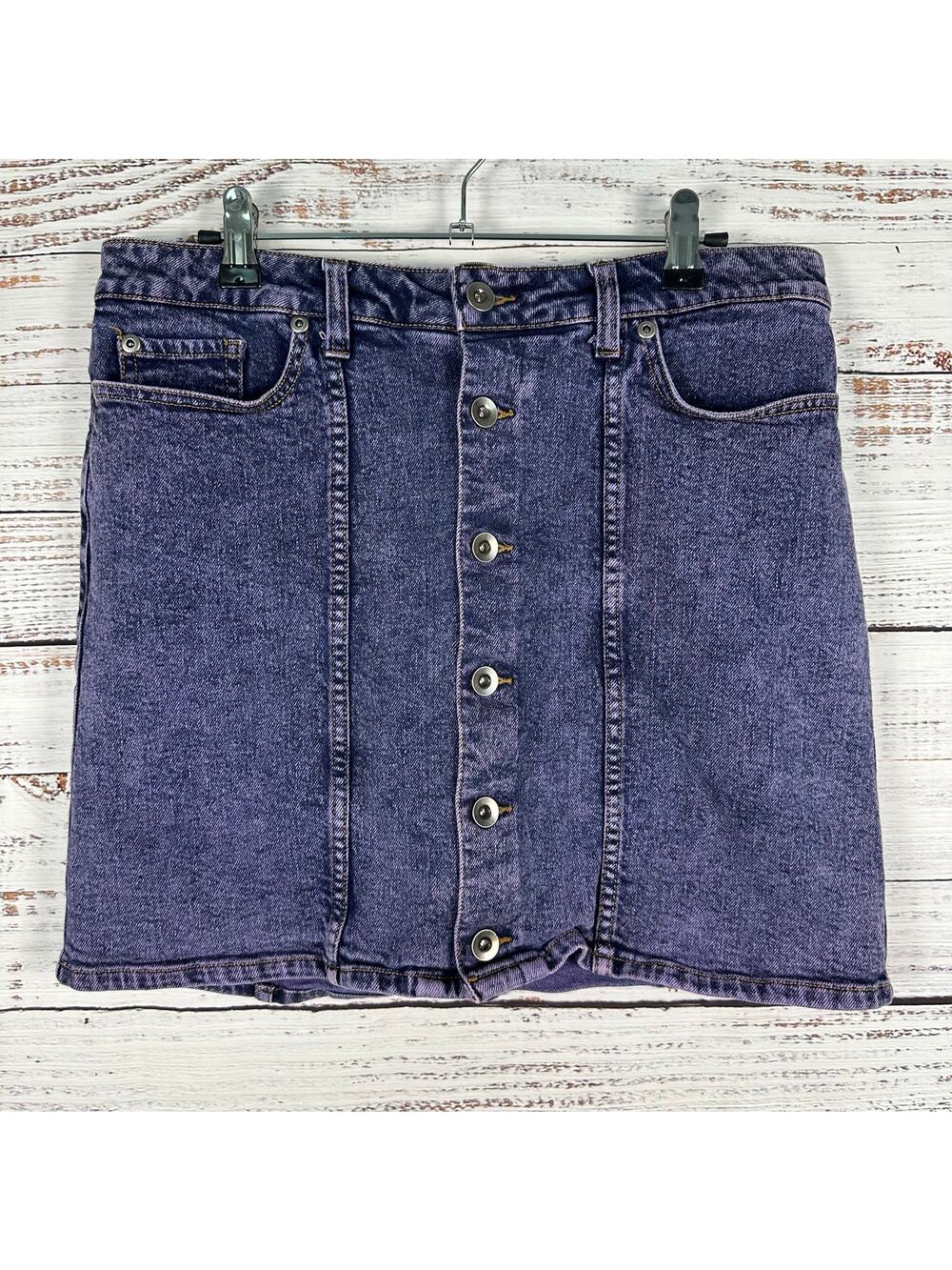 Womens Hot Topic Purple Acid Wash Denim Button Up Mini Jean Skirt Grunge Goth L